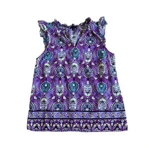 Talbots Purple Floral Tank Top Tee Blouse Ruffle Short Sleeves V-neck Cotton XS